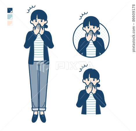 Illustration of a woman with one knot hair holding her mouth and being surprised 86609178
