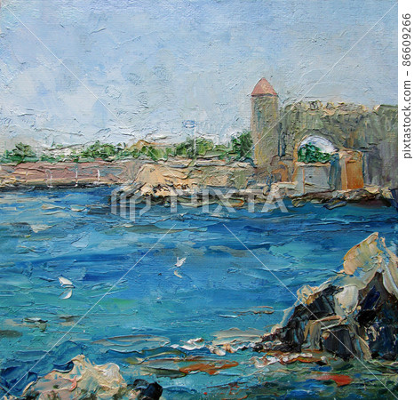 Rhodes fortress near the sea, summer, Greece, oil painting 86609266