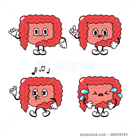 Funny happy intestines characters bundle set. Vector hand drawn doodle style traditional cartoon vintage, retro character illustration icon design. Isolated white background. Cute intestines mascot 86609565