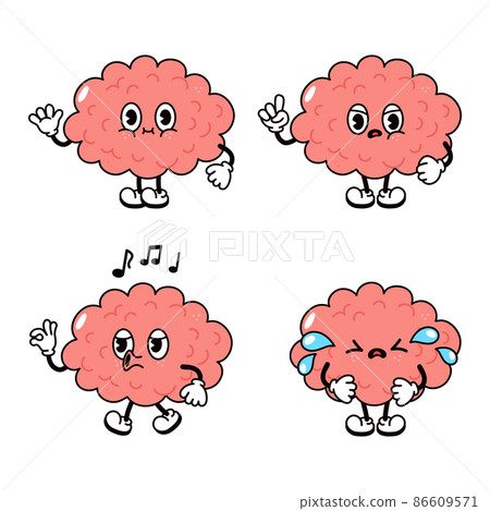 Funny happy brain characters bundle set. Vector hand drawn doodle style traditional cartoon vintage, retro character illustration icon design. Isolated white background. Cute brain mascot character Funny happy brain characters bundle set. Vector hand drawn doodle style traditional cartoon vintage, retro character illustration icon design. Isolated white background. Cute brain mascot character 86609571