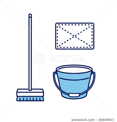 Illustration of brush, bucket and rag 86609635