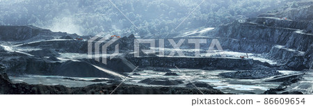 Panorama of diabase quarry in Parekklisia, Cyprus with piles of crushed stone and working machinery 86609654