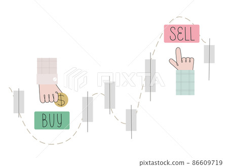 Concept vector illustration buy low sell high. Simple scheme of mean rule for stock market. Trading strategy. Hand indicating 86609719