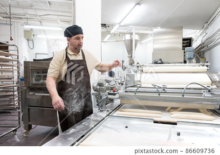 Baker working at industrial bakery preparing trays with fresh loaf.  86609736