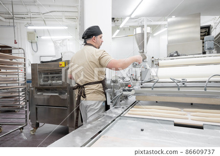 Baker working at industrial bakery preparing trays with fresh loaf.  86609737