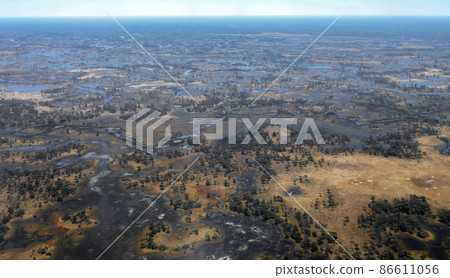 View from the plane of the Okavango Delta - swampy, shallow and the largest inland delta of the planet. 86611056