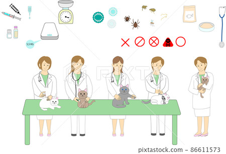 Female veterinarian group vaccine examination test icon set Female veterinarian group vaccine examination test icon set 86611573