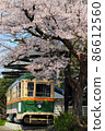 Sendai tram railroad car and cherry blossoms in full bloom in Akiu Onsen 86612560