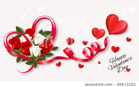 Happy Valentine's Day beautiful background with colorful roses and red heart shape ribbon Vector. 86613282
