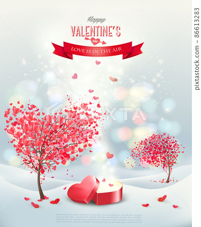 Valentine`s day background trees with hearts and an open red gift heart shape box. Vector. 86613283