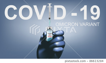 Coronavirus Omicron vaccine background. Hand holding bottle with vaccine destroying virus COVID - 19 molecule. Stop Coranavirus concept. Vector 86613284