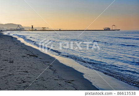 Albania Duras beach pier and sunrise sky seen from the beach 86613538