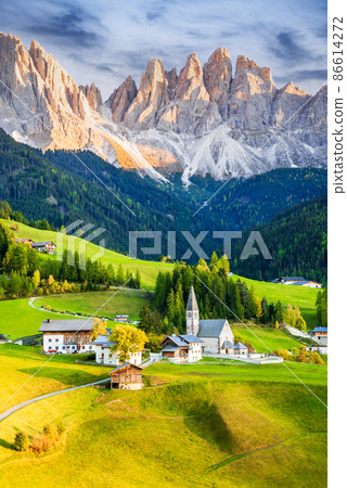 Val di Funes, Dolomites - Odle Ridge and Santa Maddalena village. 86614272