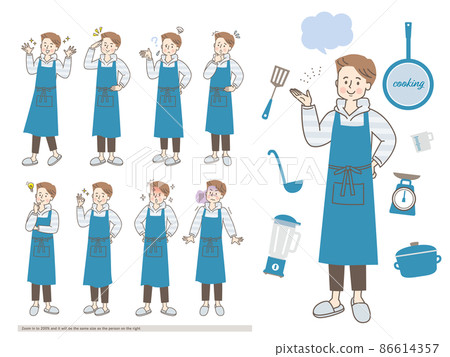 圍裙的年輕人的各種面部表情集 86614357