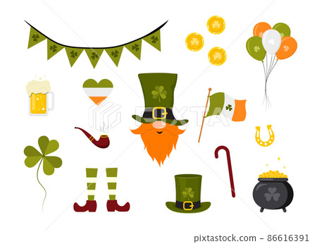 St. Patrick day collection. Cute festive elements. Vector illustration in flat cartoon style. Hand drawn icons for irish holiday 86616391