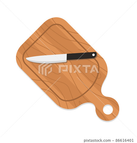 Wooden cutting board with knife. Kitchen tools for cooking. Top view. Vector illustration in flat cartoon style 86616401