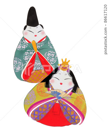 可愛的 Hina 娃娃插圖 Hina 娃娃在 Moegi 顏色和綠色服裝 可愛的 Hina 娃娃插圖 Hina 娃娃在 Moegi 顏色和綠色服裝 86617120