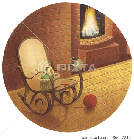 手繪插圖:冬天的房子溫暖的壁爐和椅子 手繪插圖:冬天的房子溫暖的壁爐和椅子 86617212