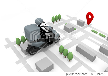 Smartphone and delivery app. Deliver food. Display your destination on the map. Make money with delivery. The person who carries the hood. 86619755