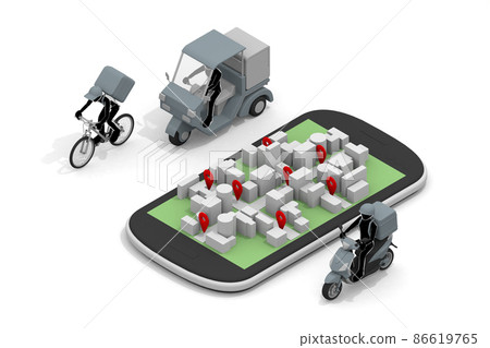 Smartphone and delivery app. Deliver food. Display your destination on the map. Make money with delivery. The person who carries the hood. 86619765