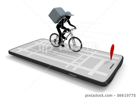Smartphone and delivery app. Deliver food. Display your destination on the map. Make money with delivery. The person who carries the hood. 86619778