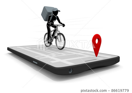 智能手機和送貨應用程序。送食物。在地圖上顯示您的目的地。通過送貨賺錢。帶兜帽的人。 86619779