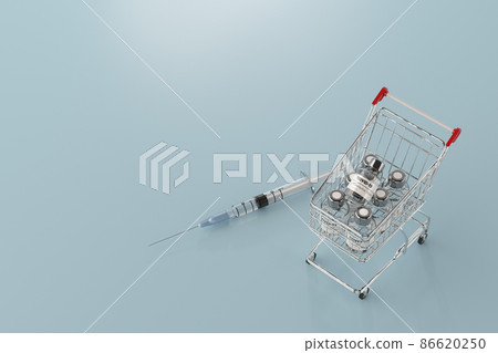 Shopping cart and syringe with bottle of vaccine / Coronavirus countermeasure / vaccine development image 86620250