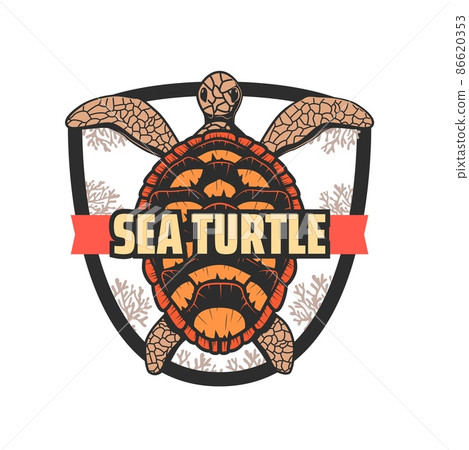 Save sea turtles icon, underwater world and marine fauna protection vector emblem. Ocean environment and ecology conservation badge with sea turtle of coral reef, oceanarium or undersea life sign Save sea turtles icon, underwater world and marine fauna protection vector emblem. Ocean environment and ecology conservation badge with sea turtle of coral reef, oceanarium or undersea life sign 86620353