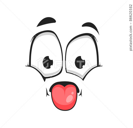 Cartoon face show pink tongue, vector teasing or sour taste facial expression, funny emoji. Naughty character or disgusting emotion isolated on white background Cartoon face show pink tongue, vector teasing or sour taste facial expression, funny emoji. Naughty character or disgusting emotion isolated on white background 86620382