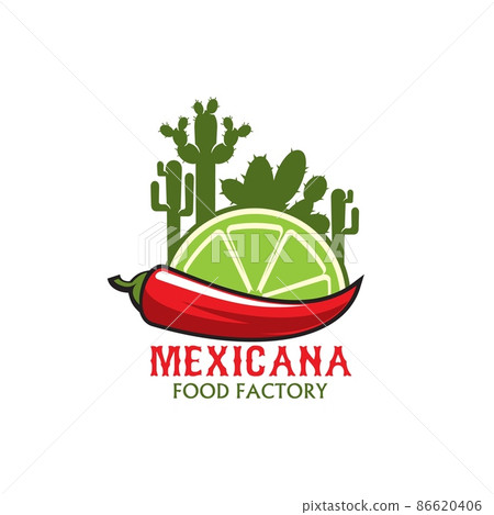 Mexican restaurant food factory icon, vector jalapeno chili pepper, lime slice and cacti. Cartoon emblem with traditional symbols of Mexico. Design element for tex mex Latin cafe menu isolated label 86620406