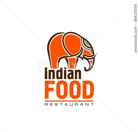 Indian restaurant food vector icon of orange elephant animal with curved tusk, trunk and paisley ornament. Asian cuisine restaurant, ethnic cafe or bistro, bar and buffet isolated symbol 86620509