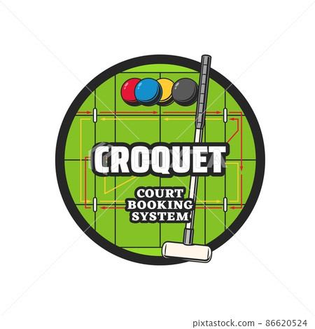 Croquet sport vector icon with balls and mallet on green grass playing court. Isolated round symbol with croquet game player equipment for sport club, championship or tournament design Croquet sport vector icon with balls and mallet on green grass playing court. Isolated round symbol with croquet game player equipment for sport club, championship or tournament design 86620524