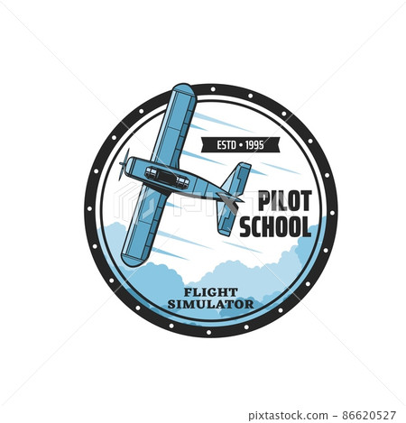 Pilot school flight simulator icon. Flying club round emblem or retro sticker, pilot academy or training center vector symbol with vintage propeller monoplane airplane, old aircraft flying in sky 86620527