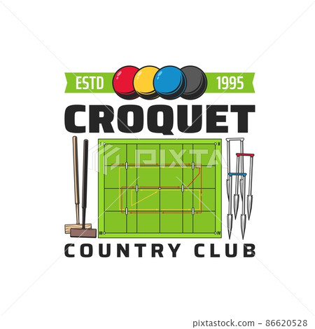 Croquet icon with balls, mallets and hoops. Croquet country club, team or training school vector emblem, sport tournament or championship label, retro icon with game equipment and croquet court 86620528