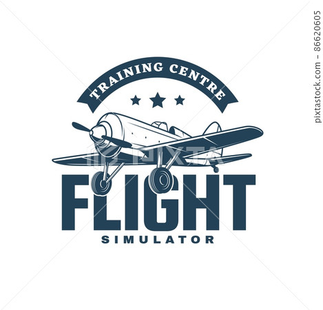 Flight simulator icon with vintage propeller plane. Pilot academy flight training center retro vector emblem or symbol. Aviation flight club symbol with old military fighter plane Flight simulator icon with vintage propeller plane. Pilot academy flight training center retro vector emblem or symbol. Aviation flight club symbol with old military fighter plane 86620605