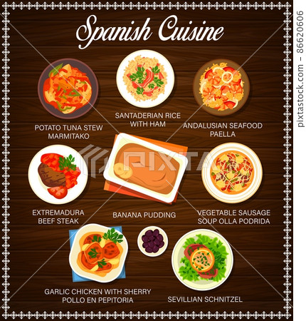 Spanish cuisine vector menu potato tuna stew marmitako, santaderian rice with ham, andalusian seafood paella, extremadura beef steak, Banana pudding, Vegetable sausage soup olla podrida food of Spain Spanish cuisine vector menu potato tuna stew marmitako, santaderian rice with ham, andalusian seafood paella, extremadura beef steak, Banana pudding, Vegetable sausage soup olla podrida food of Spain 86620606