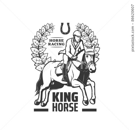 Horse racing icon, equestrian sport riding vector vintage label with jockey rider on hippodrome, laurel wreath and horseshoe. Professional stable, horseback race sports isolated monochrome emblem 86620607