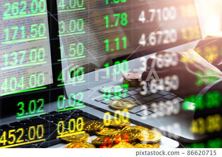 Modern way of exchange. Bitcoin is convenient payment in global economy market. Virtual digital currency and financial investment trade concept. Abstract cryptocurrency with gold bitcoin background. 86620715