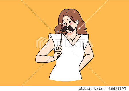 Smiling girl with moustache on stick on party event  86621195