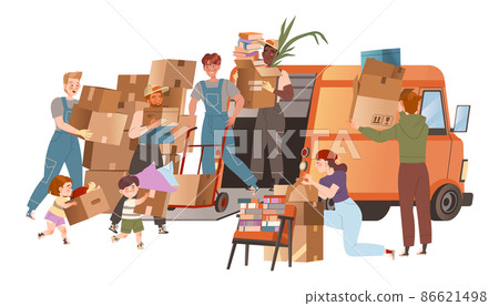 People moving to new apartments. Movers in overalls unloading cardboard boxes from van. Delivery service cartoon vector illustration People moving to new apartments. Movers in overalls unloading cardboard boxes from van. Delivery service cartoon vector illustration 86621498