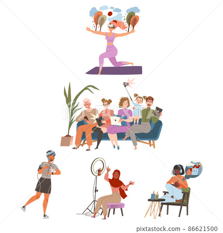 Young people using modern gadgets set. Men and women chatting, making selfie, broadcasting live video cartoon vector illustration Young people using modern gadgets set. Men and women chatting, making selfie, broadcasting live video cartoon vector illustration 86621500