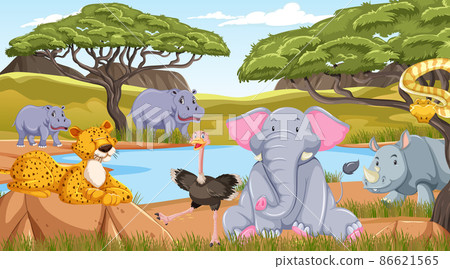 Wild animals in savanna forest landscape 86621565