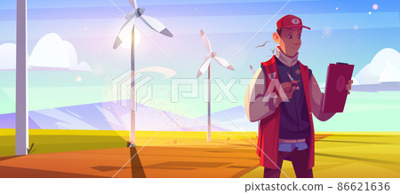 Wind turbine technician man work on energy farm Wind turbine technician man work on energy farm 86621636