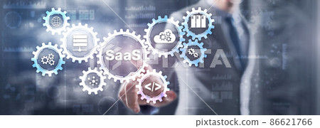 SaaS Software as a Service concept with hand pressing text 86621766