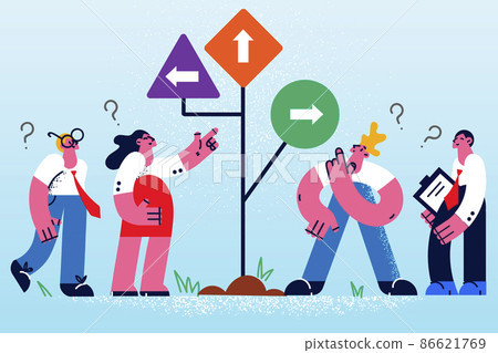 Businesspeople near road sign with different directions  86621769