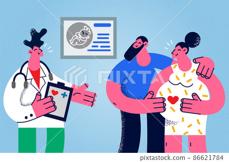 Smiling doctor talk to future parents in hospital  86621784