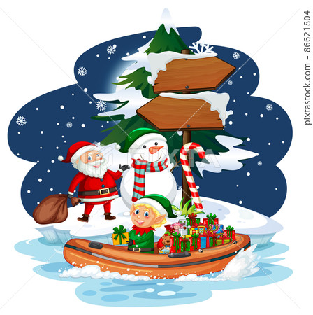 Snowy night with Santa Claus and elf delivering gifts 86621804