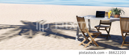 Mobile PC / Worcation / Resort work image placed on the beachside and table in Hinata 86622203