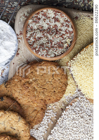 wheat-oatmeal cookies with peanuts, closeup 86622290