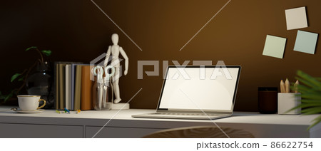 Modern home office workspace with open laptop white screen mockup Modern home office workspace with open laptop white screen mockup 86622754